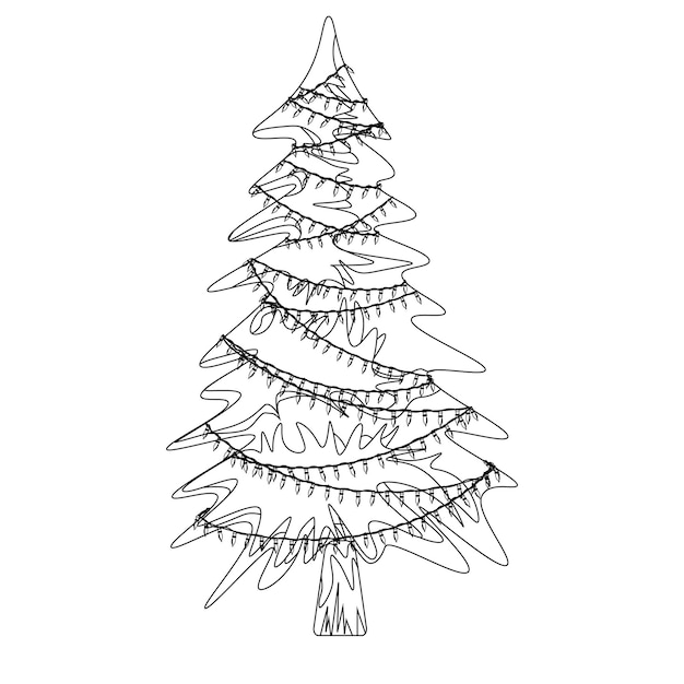 Arbre De Noël En Contour étoiles Guirlandes Et Boules Carte De Vœux De Noël Illustration Vectorielle Sur Un Blanc