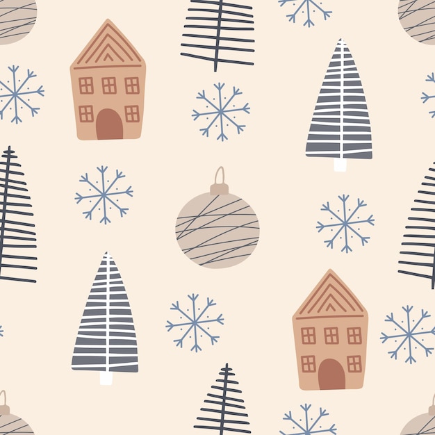 Vecteur arbre de noël et flocon de neige modèle sans couture nouvel an illustration vectorielle dans un style scandinave
