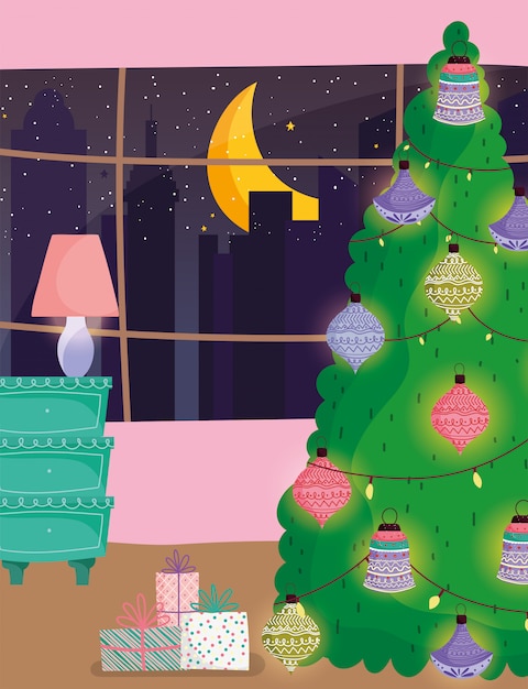 Arbre De Noël Maison Boules Décoratives Lampe De Table Et Fenêtre Ville De Nuit