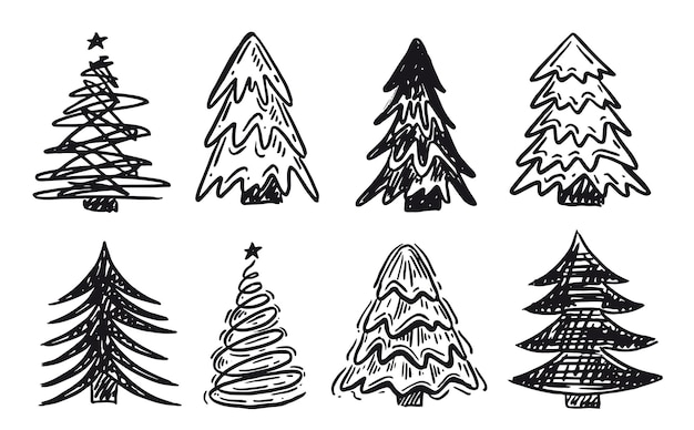 Arbre de Noël Nouvel An défini illustrations dessinées à la main