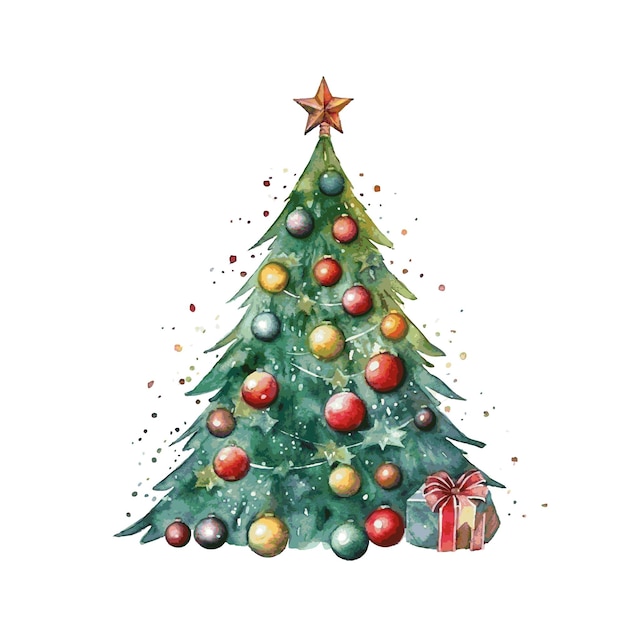 Arbre de Noël vert avec décoration et boîtes-cadeaux pour décoration carte de vœux peinture à l'aquarelle sur blanc