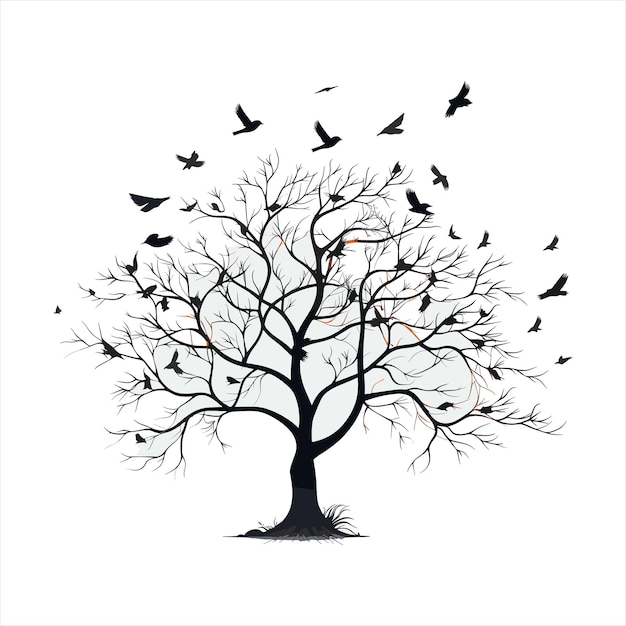 un arbre avec des oiseaux volant dans le ciel