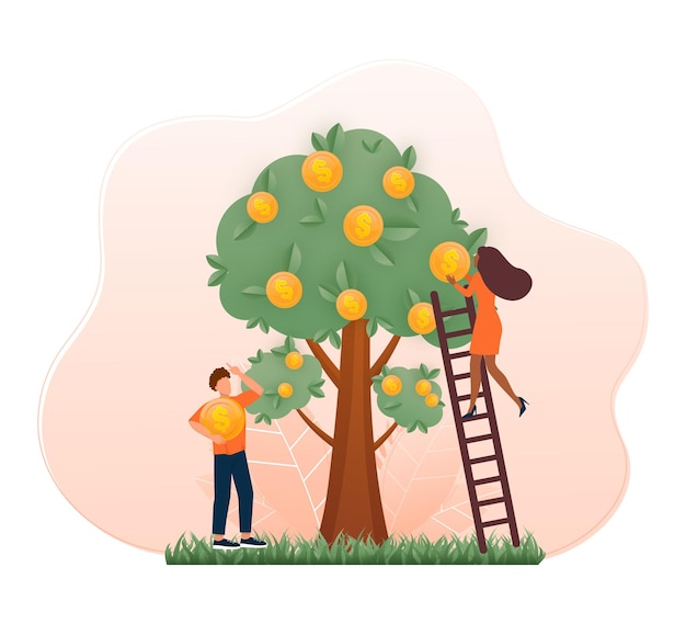 Arbre En Pleine Croissance Avec Des Pièces Illustration Vectorielle Plane De Profit D'investissement Commercial Illustration Vectorielle