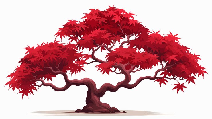 un arbre rouge avec des feuilles rouges dessus