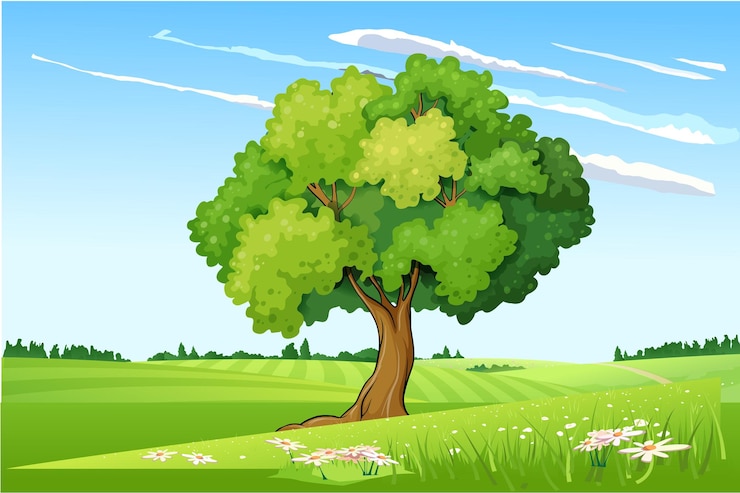 Vecteur arbre vecteur avec de l'herbe et du ciel