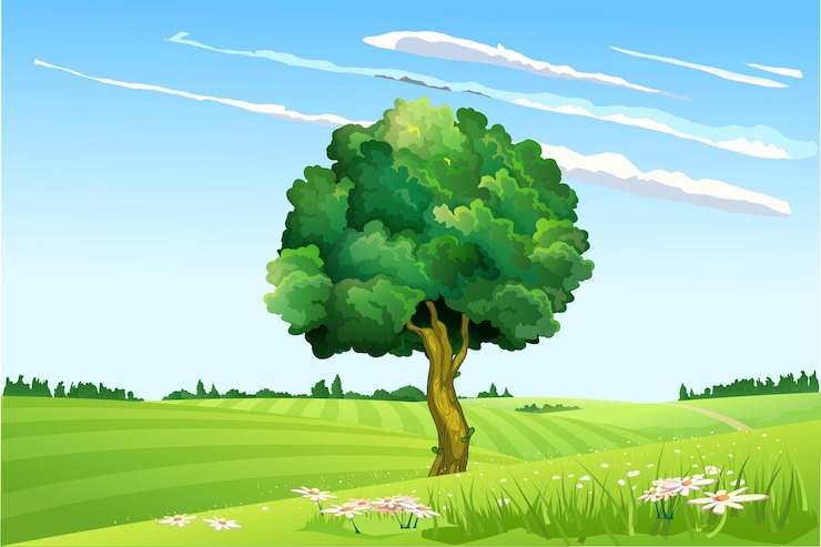 Vecteur arbre vecteur avec de l'herbe et du ciel