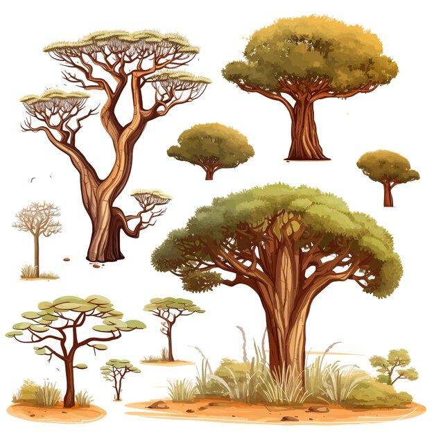 Vecteur des arbres africains dessinés à la main, des acacias, des baobabs, des buissons d'herbe sèche.