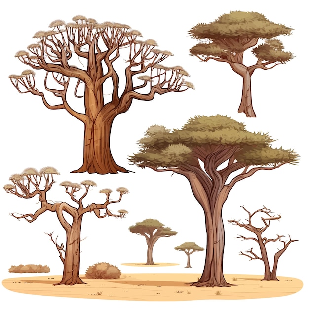 Vecteur des arbres africains dessinés à la main, des acacias, des baobabs, des buissons d'herbe sèche.