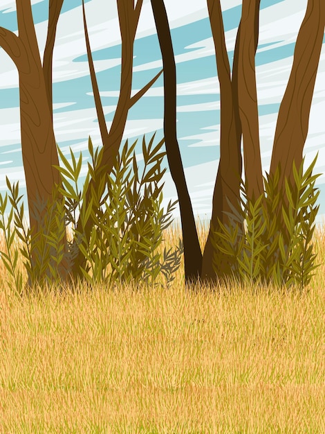 Vecteur des arbres et des arbustes de pâturage, de l'herbe et des pierres sèches, un paysage vertical vectoriel réaliste
