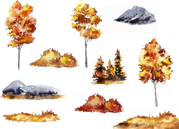 Arbres D'automne Herbe éléments De Paysage Aquarelle Mis Montagnes Illustrations D'automne