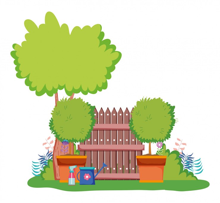 Vecteur arbres avec grillage de bois et arrosoir