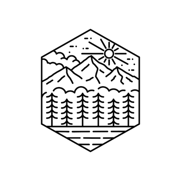 Arbres De Montagne Et Lac Le Jour Sauvage Ligne Badge Patch Broche Illustration Graphique Vecteur Art Tshirt Design