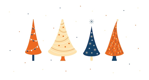 Arbres de Noël set vector illustration plat simple minimalisme mignon orange bleu jaune