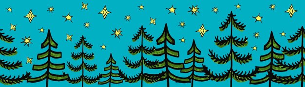 Arbres de Noël vert vector frontière Modèle sans couture dessinés à la main doodle arbres nuit verte et étoiles Croquis de vacances d'hiver décoratif