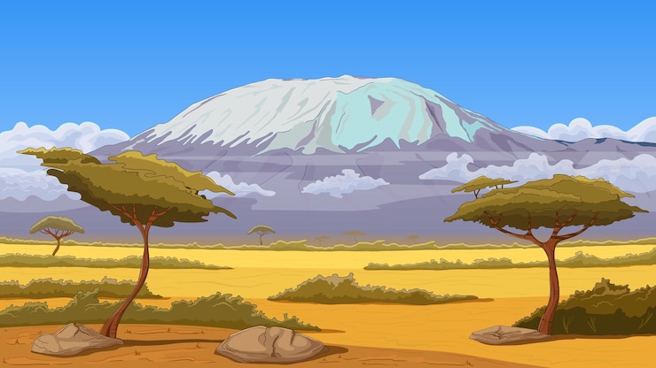 Vecteur arbres de paysage de savane africaine et champs de pâturage sur fond de la chaîne de montagnes du kilimandjaro dessin à la main ligne de contour scène de la faunetanzanie vue panoramique illustration vectorielle