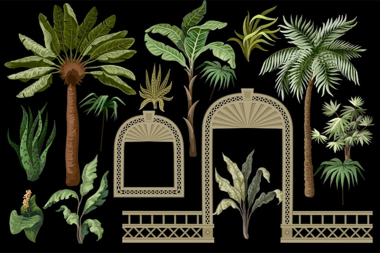 Vecteur des arbres tropicaux et des fenêtres, des ouvertures de portes dans un style de jardin, des éléments intérieurs à la mode isolés.
