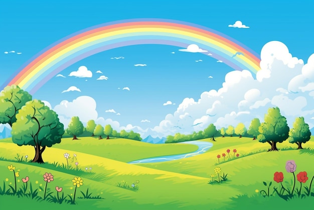 arc-en-ciel sur une colline dans le parc dans le style d'un dessin animé de décors de scène vibrants