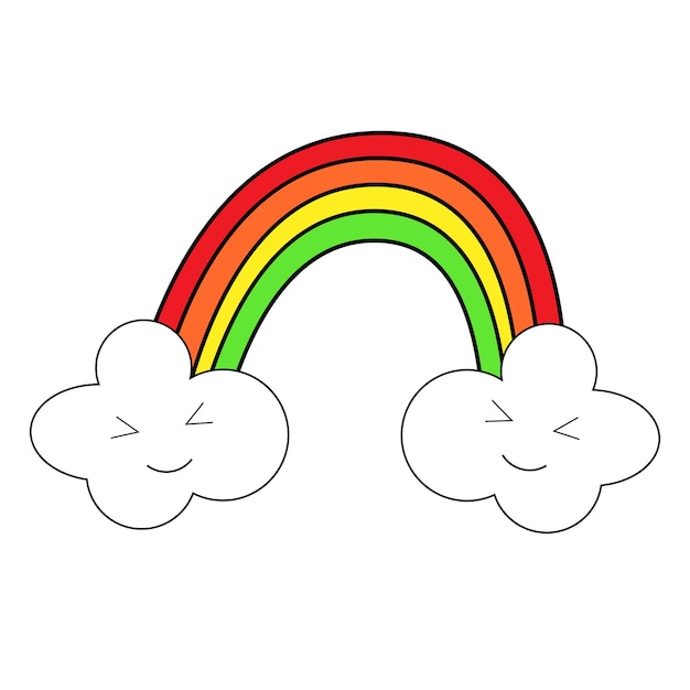 Vecteur arc-en-ciel coloré kawaii avec des nuages.