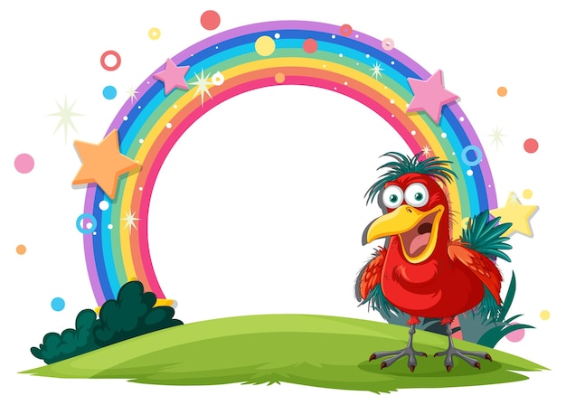 L'arc-en-ciel coloré et l'oiseau de dessin animé heureux