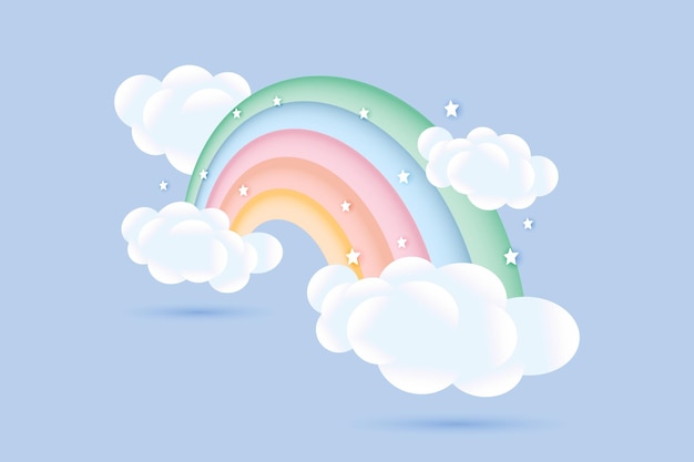 Vecteur arc-en-ciel de douche de bébé 3d avec des nuages et des étoiles sur un design enfantin de fond bleu pâle