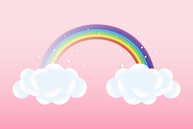 Arc-en-ciel de douche de bébé 3d avec nuages et étoiles sur fond rose design enfantin aux couleurs pastel