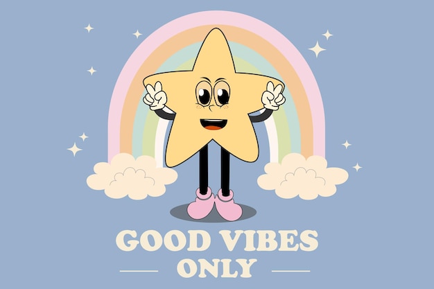 Vecteur un arc-en-ciel groovy avec des nuages, des étoiles et un slogan de good vibes dans le style de doodle vecteur isolé