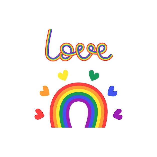 Arc-en-ciel LGBT isolé Lettrage de mots d'amour Mignon arc-en-ciel coloré dessiné à la main et coeurs Symbole du mois de la fierté Illustration vectorielle