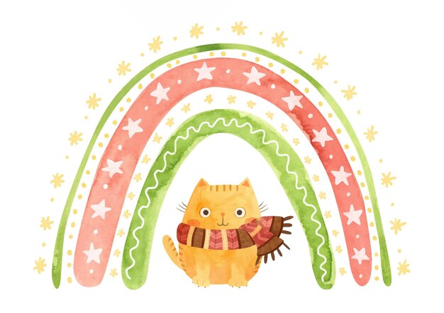 Arc-en-ciel de Noël à l'aquarelle avec des étoiles de flocons de neige et un chat avec une écharpe Clipart d'hiver de vacances