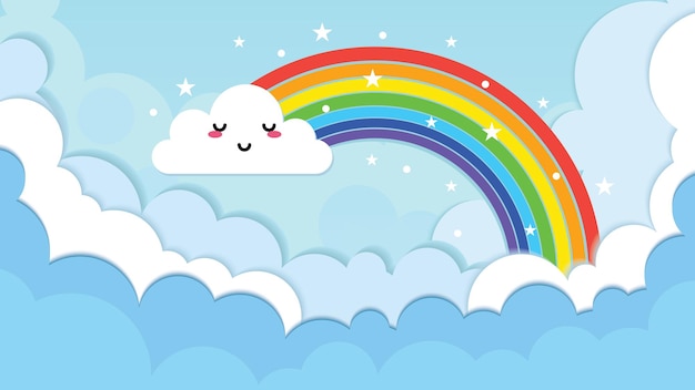 Arc-en-ciel avec nuage d'émotion sur le style origami du ciel
