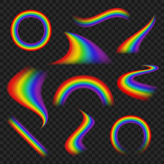 Arc-en-ciel réaliste. La météo affecte diverses formes colorées d'arcs-en-ciel dans un ensemble de vecteurs de ciel. Transparence colorée lumineuse d'arc-en-ciel, temps d'art enfantin décoratif