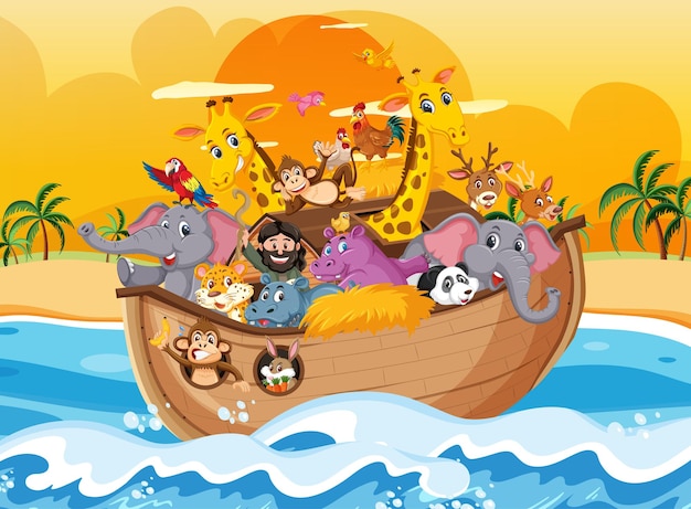 Arche De Noé Avec Des Animaux Dans La Scène De L'océan