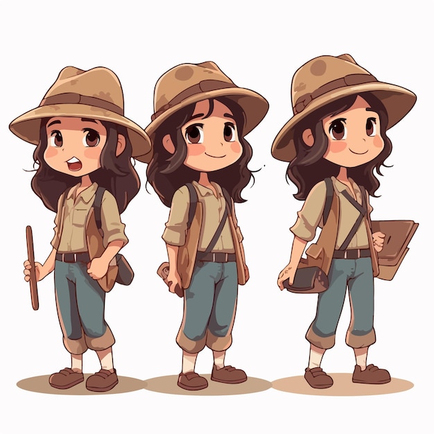 Archéologue enfant en vêtements d'aventure illustration de dessin animé curieuse fille multipose