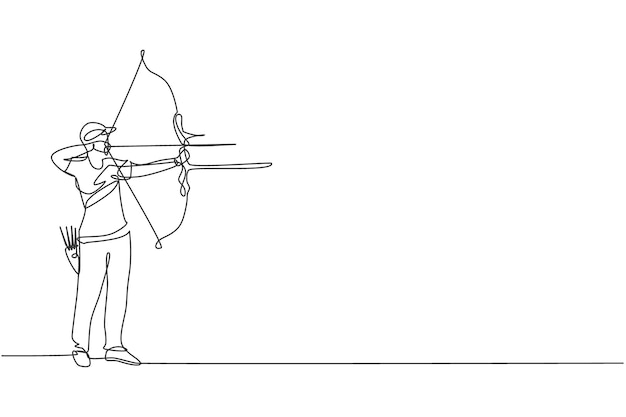 Un archer dessinant une ligne continue tirant de l'arc pour tirer sur une cible de tir à l'arc illustration vectorielle