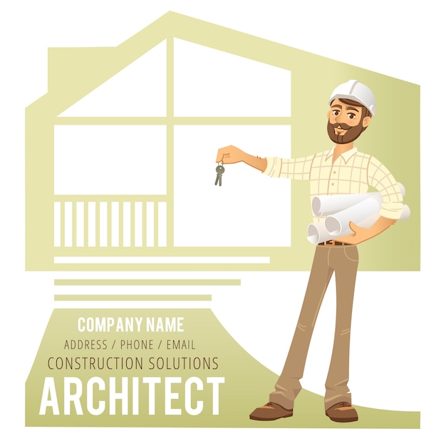 Vecteur architecte en casque avec les clés en main, devant la maison construite, chalet. ingénieur en construction de personnage.