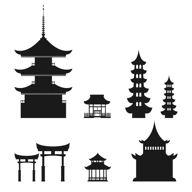 Architecture asiatique en silhouette sur fond blanc isolé Pour les conceptions d'affiches sites web cartes postales