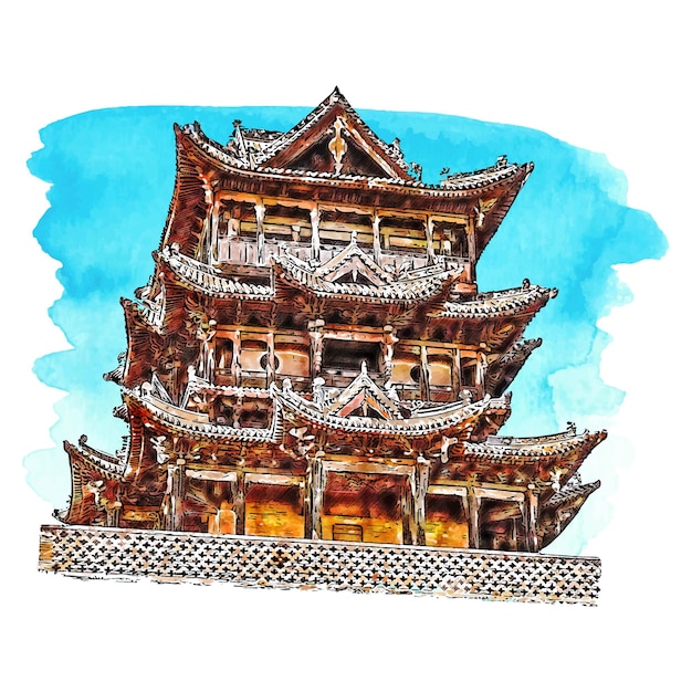 Architecture chine aquarelle illustration dessinée à la main isolée sur fond blanc