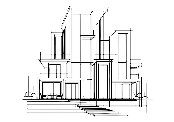 Vecteur architecture conception de la perspective de la construction du bâtiment abstract dessin de ligne de bâtiment urbain moderne