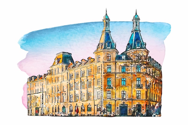 Architecture Copenhague Danemark Aquarelle Illustration Dessinée à La Main Isolée Sur Fond Blanc