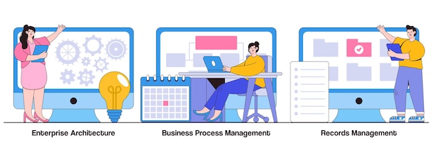 Vecteur architecture d'entreprise, processus métier et concept de gestion des enregistrements avec des personnes minuscules. ensemble d'illustrations vectorielles abstraites de logiciels d'entreprise. solution de système informatique, métaphore de suivi des documents et des fichiers.