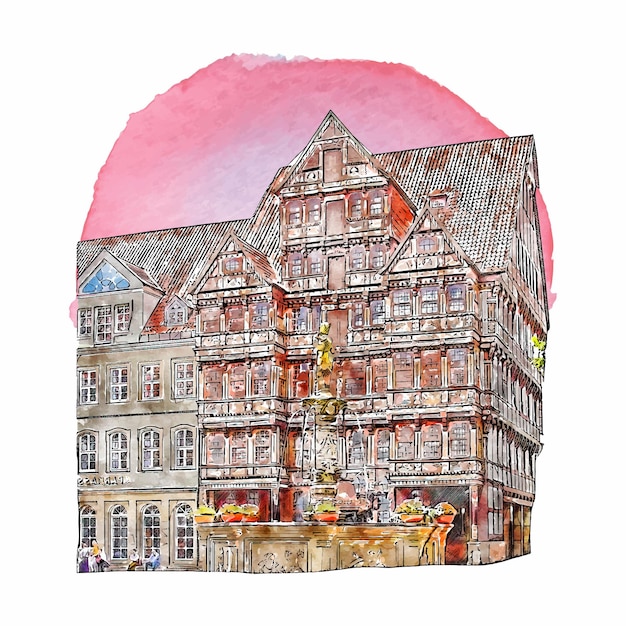 Vecteur architecture hildesheim allemagne aquarelle illustration dessinée à la main isolée sur fond blanc