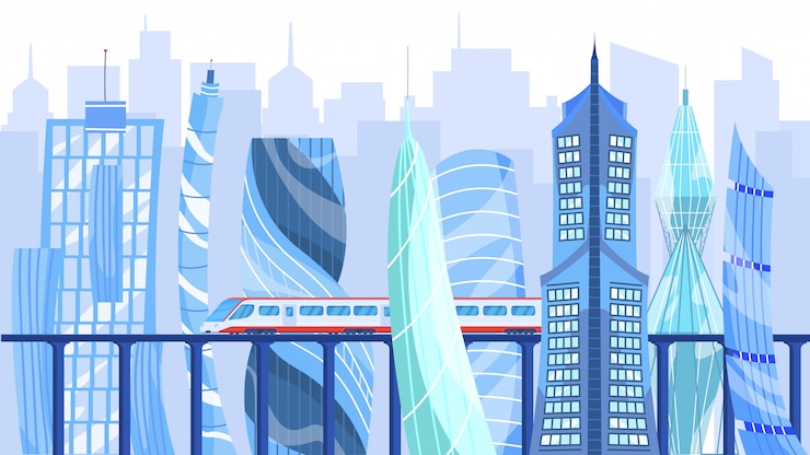 Vecteur architecture moderne et transports dans la ville de la métropole, illustration