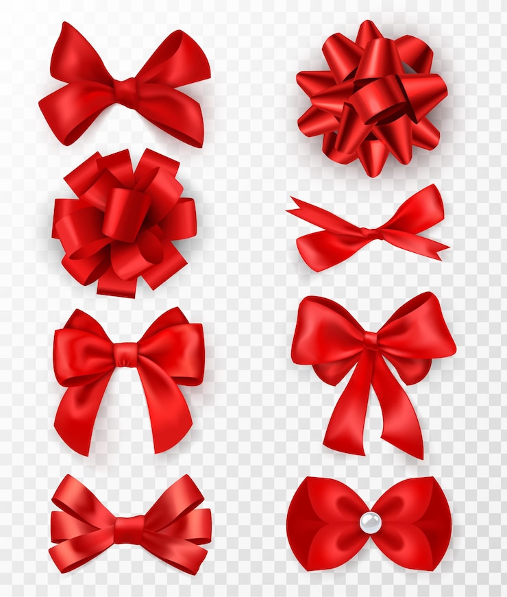Vecteur arcs de cadeau rouge. rubans de soie de luxe réalistes avec arc, rose de satin décorative festive, emballage ou carte de vacances, éléments vectoriels 3d de ruban cadeau élégant sur fond transparent