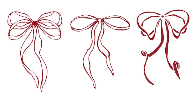 Arcs rouges vectoriels dessinés à la main avec diverses formes et styles de ruban minimalistes contour rouge linéaire
