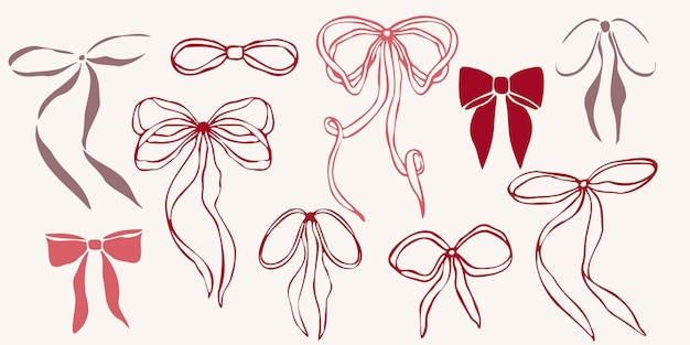 Des arcs vectoriels dessinés à la main avec diverses formes et styles de ruban sketch linéaire rouge minimaliste à la mode