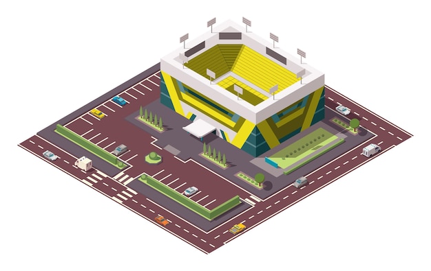 Arène Sportive Isométrique. Lieu Des Plus Grandes Compétitions Sportives. Icône Vectorielle Ou élément Infographique Représentant Un Stade De Basket-ball Ou De Hockey Avec Des Voitures Et Des Bus Dans La Rue.