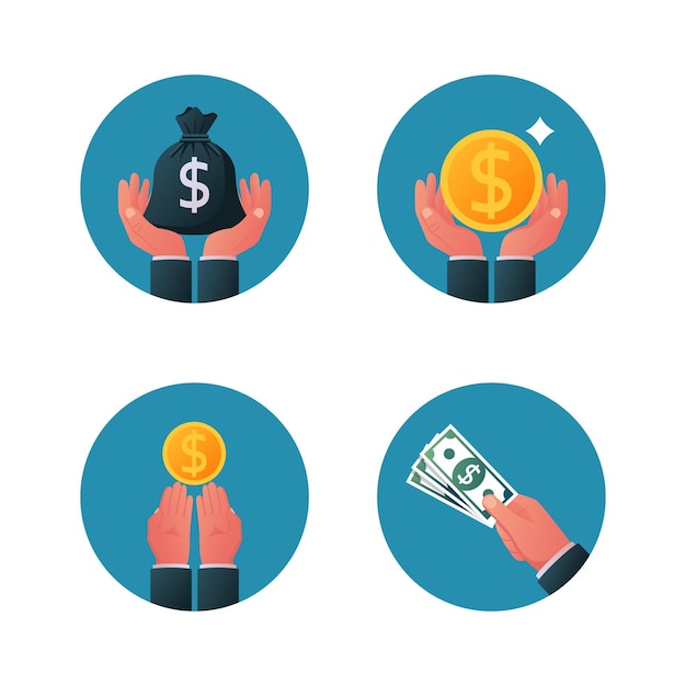Argent dans la main ensemble Montrant le salaire donnant la pièce et le billet de banque Sac d'argent dans l'homme d'affaires Bucks tenir isolé sur fond blanc Illustration vectorielle design plat Modèle pour les projets financiers