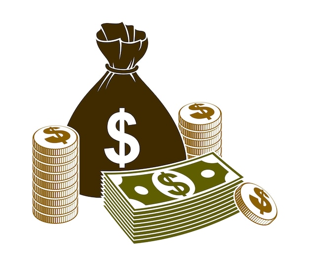 Argent liquide nature morte avec pièces de monnaie de sac d'argent et pile de dollars de billets de banque, illustration vectorielle de style classique.