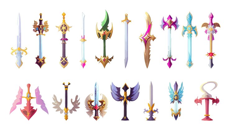 Vecteur arme colorée d'épées de chevalier de conte de fées. ensemble de dessins animés de fantaisie différents types d'épées. style plat