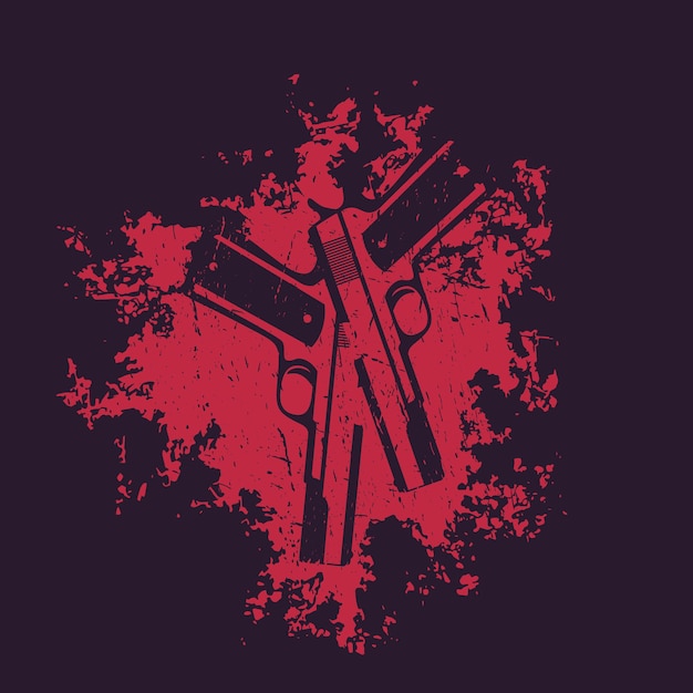 Armes à feu sur le grunge splash, 2 pistolets, armes de poing pour impression de t-shirt, illustration vectorielle