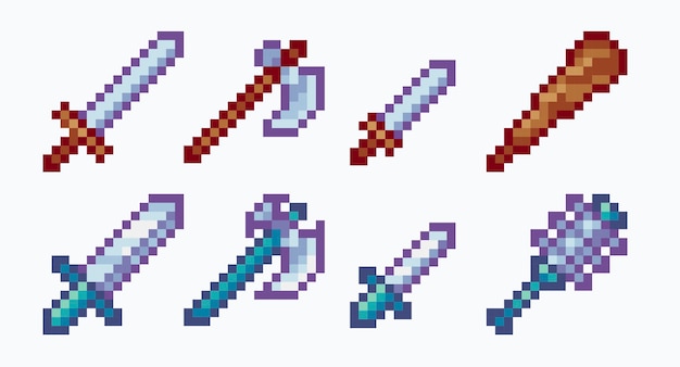 Armes de mêlée pixel art set poignard et hache de club d'épée en acier sprite 8bit